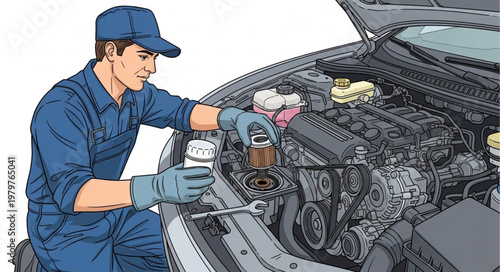 Mechanic working on car engine with tools and gloves.