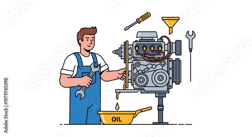 Mechanic working on car engine with tools and oil.