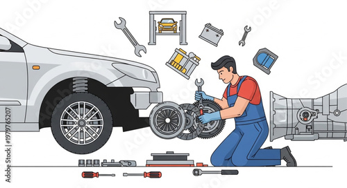 Mechanic working on car engine with tools and parts.