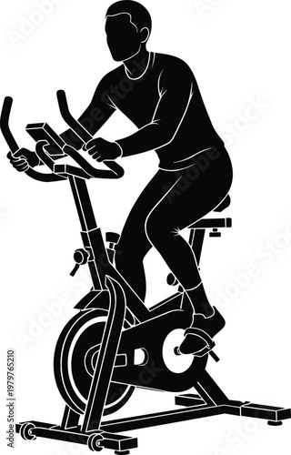 Stationary bike workout silhouette with athlete cycling, indoor cardio training and fitness exercise concept, gym equipment vector illustration