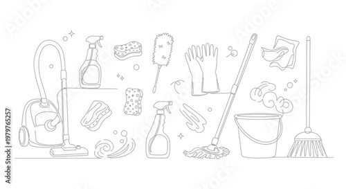 Cleaning supplies and tools collection.