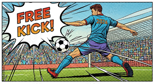 Football Player Kicking Ball in Stadium Crowd, Comic Style, Free Kick Action