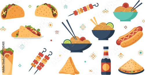 Street Food Collection with Tacos Skewers Noodles Hot Dog Wraps and Snacks in Colorful Flat Vector Illustration Set for Fast Food Menu Design