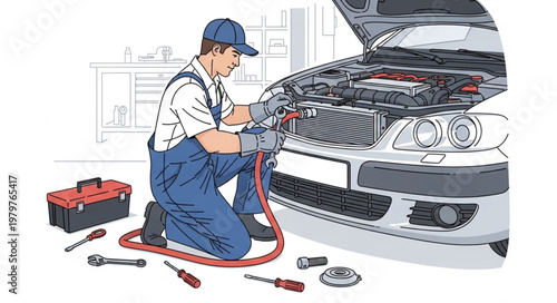 Mechanic working on car engine with tools nearby illustration.