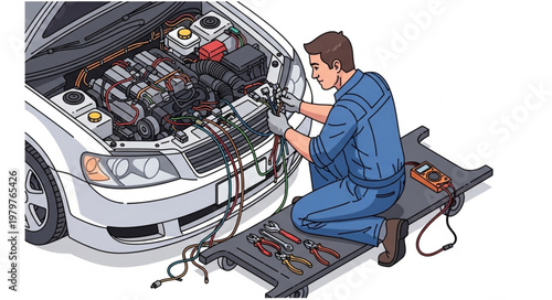 Mechanic working on car engine with tools.