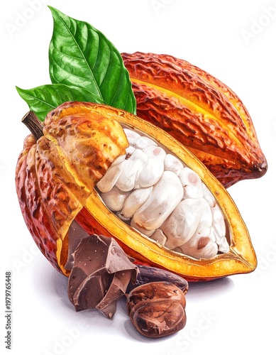 Cacao pod, halved, with white beans, leaves, chocolate chunks. Illustration