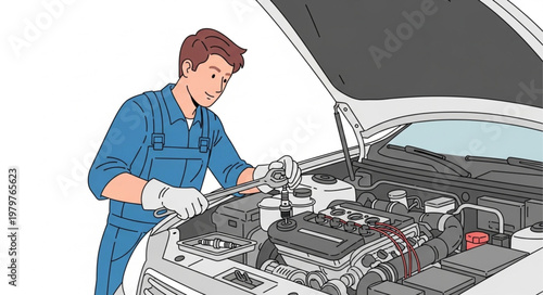 Mechanic working on car engine with wrench.