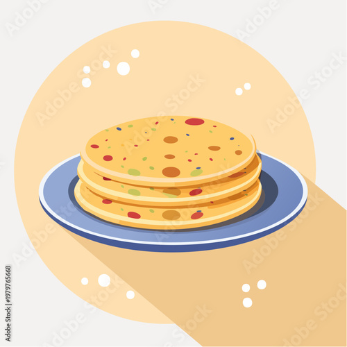 Stack of delicious colorful flatbreads on a plate in a vibrant flat design illustration, perfect for food themes