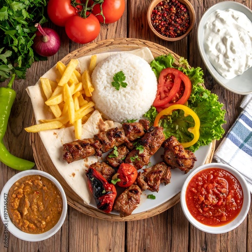 Plate with grilled meat skewers, rice, fries, pita, salad, & sauces. Overhead shot on wood