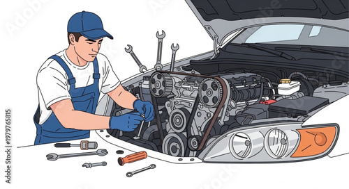 Mechanic Working on Car Engine.