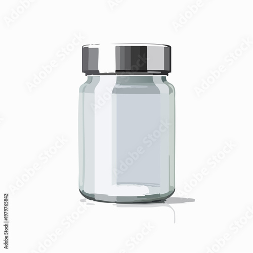 Transparent glass jar with silver lid isolated on a white background, perfect for storage