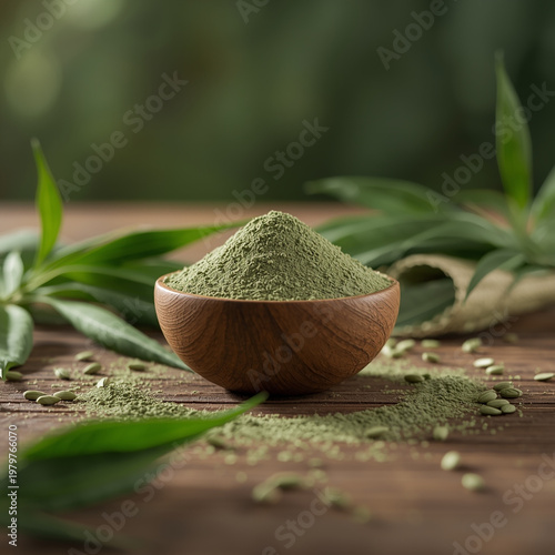 A wooden bowl filled with green powder surrounded by leaves on a wooden table