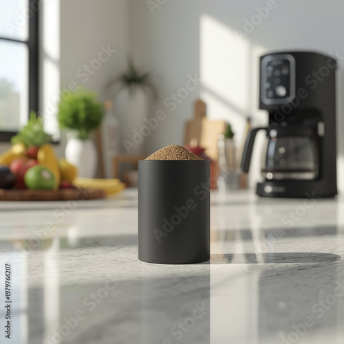 A black cylindrical container filled with brown coffee grounds on a kitchen counter