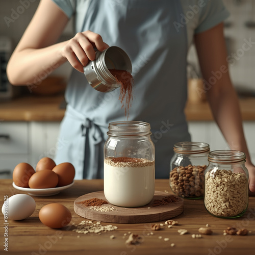 A woman preparing a healthy breakfast in a modern kitchen with various ingredients
