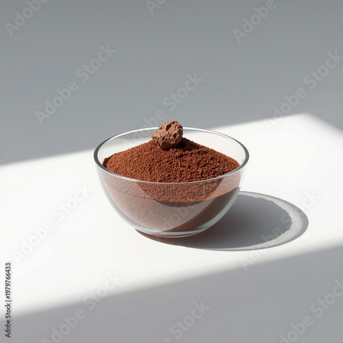 A glass bowl filled with brown powder on a white surface in natural light