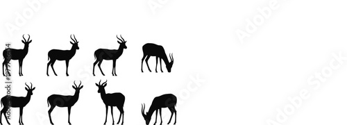 African antelope silhouette collection featuring graceful gazelle and impala illustrations in standing and grazing poses for safari wildlife nature conservation graphic design projects.