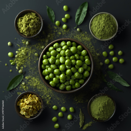 Green peas and powder in bowls on dark background