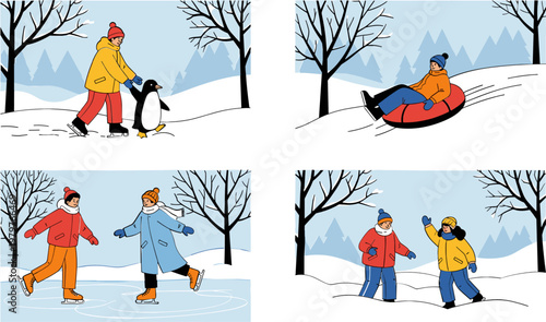 Winter Outdoor Activities Collection with People Ice Skating Sledding Walking Penguin and Playing in Snow, Seasonal Lifestyle Cartoon Vector Illustration Set
