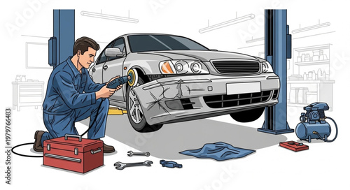 Mechanic working on car in auto repair shop.