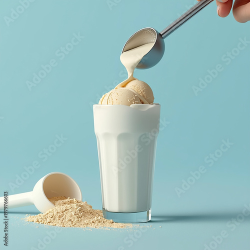 Protein shake with scoop and powder on blue background