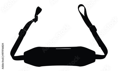 Minimalist black silhouette vector of a padded camera strap with buckles.