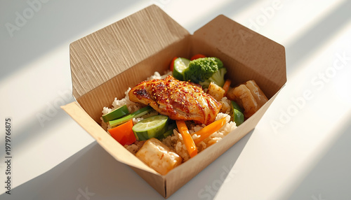 Delicious takeout food in a cardboard box on a table