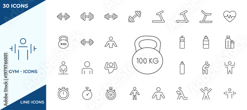 Collection of gym icons. Collection of heavy weights, kettlebells, dumbbells, cardiovascular machines and gym equipment. Gym equipment and bodybuilding training line icons.