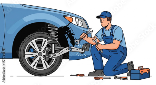 Mechanic working on car suspension system.