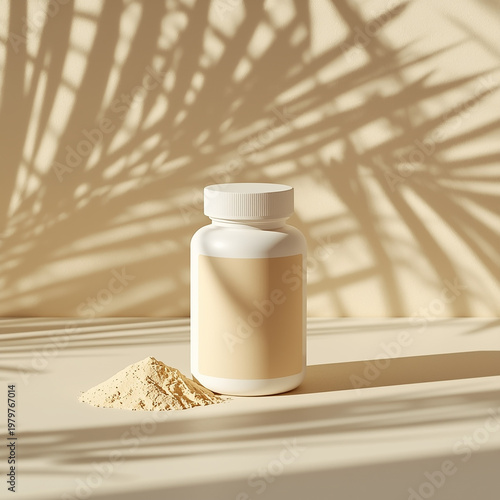 Supplement powder and bottle in tropical shadow