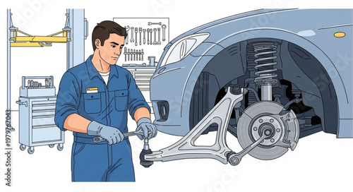 Mechanic working on car suspension system in workshop.