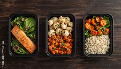 Healthy meal prep containers with salmon, vegetables, and rice