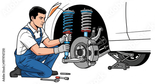 Mechanic working on car suspension system with tools and jack.