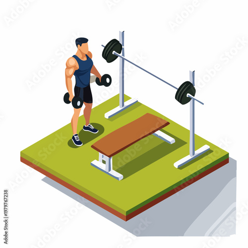 Isometric illustration of an athletic man performing a strength workout with dumbbells in a modern gym environment