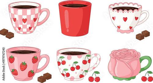 Cute coffee cups set with hearts, strawberries, cherries and floral designs, cozy drink illustrations for cafe, romantic theme and kitchen decor vector collection