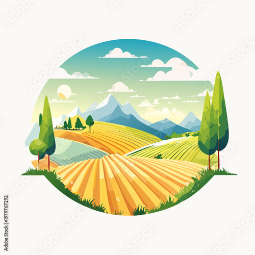 Beautiful rolling hills of golden farmland under a bright sky with mountains in the distance