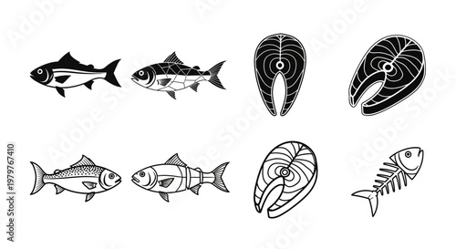 Collection of stylized fish icons and salmon steaks, black and white, simple flat design, various views.