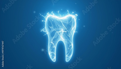 This is an image of a glowing tooth on a blue background