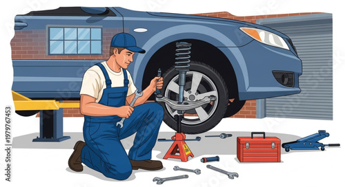 Mechanic Working on Car Suspension System.