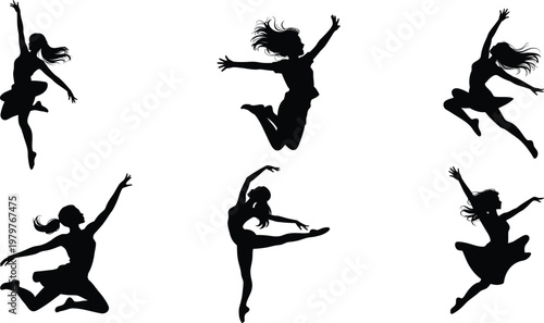 Six black silhouettes of women jumping and dancing on white background