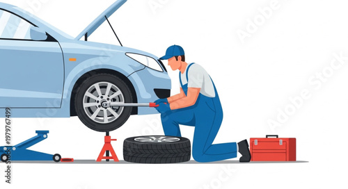 Mechanic Working on Car Tire Change with Tools and Equipment.