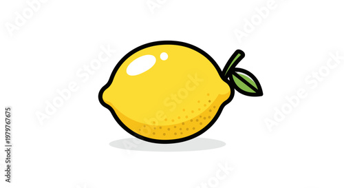 Vibrant cartoon lemon with green leaf on white background
