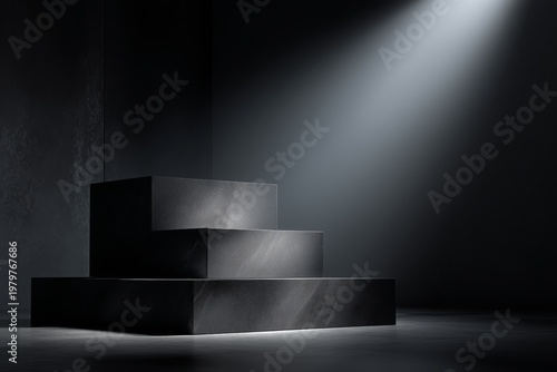 Dark black stone luxury podium with dramatic spotlight and subtle reflections, minimal cinematic product display background with premium copy space