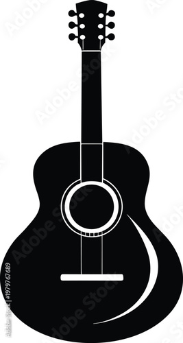 A classic acoustic guitar with a round sound hole and six tuning pegs Vector, illustration