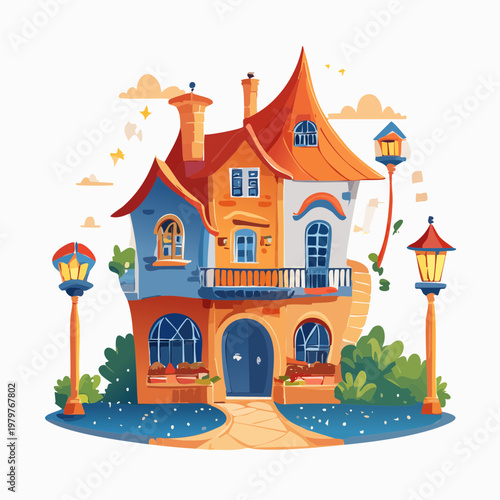Whimsical and colorful fantasy house with charming streetlights and lush greenery