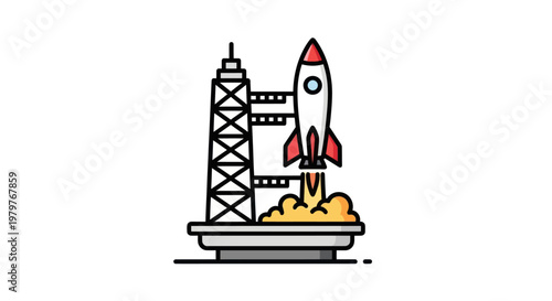 Rocket Launchpad with Spaceship Taking Off, Space Exploration Icon