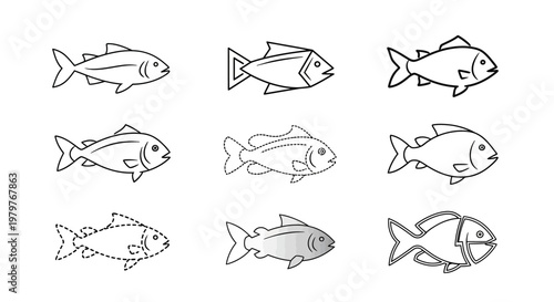 Geometric and stylized fish icon collection with different stroke styles for modern branding and logo design.