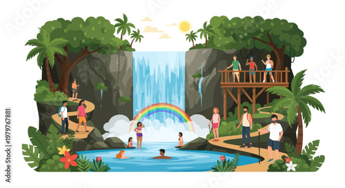 People Enjoying Tropical Waterfall Paradise with Rainbow and Lush Greenery