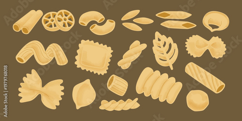 Varied Italian Pasta Shapes Collection Illustration, Hand Drawn Watercolor Style Pasta Types Vector Set on Brown Background.