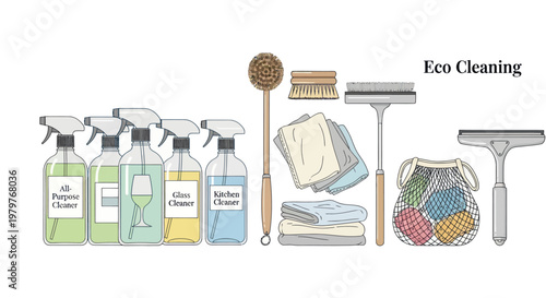 Eco-friendly Cleaning Supplies: Sprays, Brushes, Cloths, and Squeegee