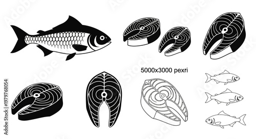 Fish steak and whole carp silhouettes set for fish market advertising and seafood restaurant product display.